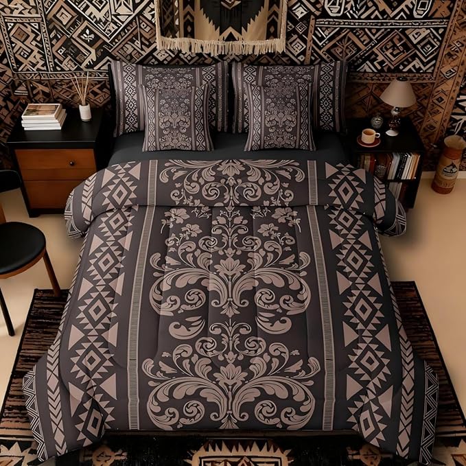 Comforter Set Twin Size, Pale Brown Damask Aztec 7 Pcs Bedding for Kids and Adults, Baroque Western Boho Gothic Floral Bed Sheet Sets with Fitted Sheet 2 Pillowcases & 2 Shams for Bedroom Bed Decor