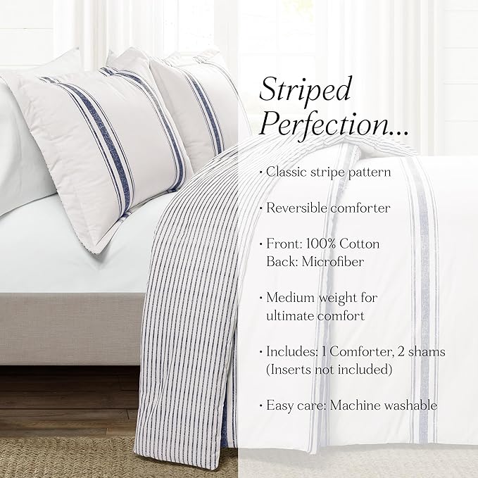 Lush Decor Farmhouse Stripe Reversible Cotton Comforter Set, 3 Piece Set, King, Navy - Cozy Farmhouse Bedding Set - Rustic Decor - Striped Comforter - Modern Farmhouse Bedroom Decor