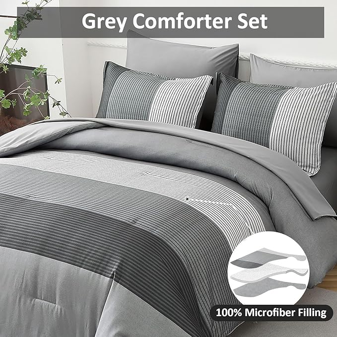 WONGS BEDDING Grey Comforter Set Queen, Reversible Grey Striped Patchwork Down Alternative Comforter for Queen Bed,3 Pieces (1 Comforter+2 Pillowcases), Boho Soft Microfiber Bedding Set 90"×90"