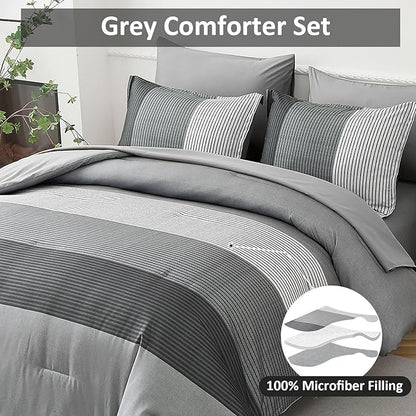 WONGS BEDDING Grey Comforter Set Queen, Reversible Grey Striped Patchwork Down Alternative Comforter for Queen Bed,3 Pieces (1 Comforter+2 Pillowcases), Boho Soft Microfiber Bedding Set 90"×90"