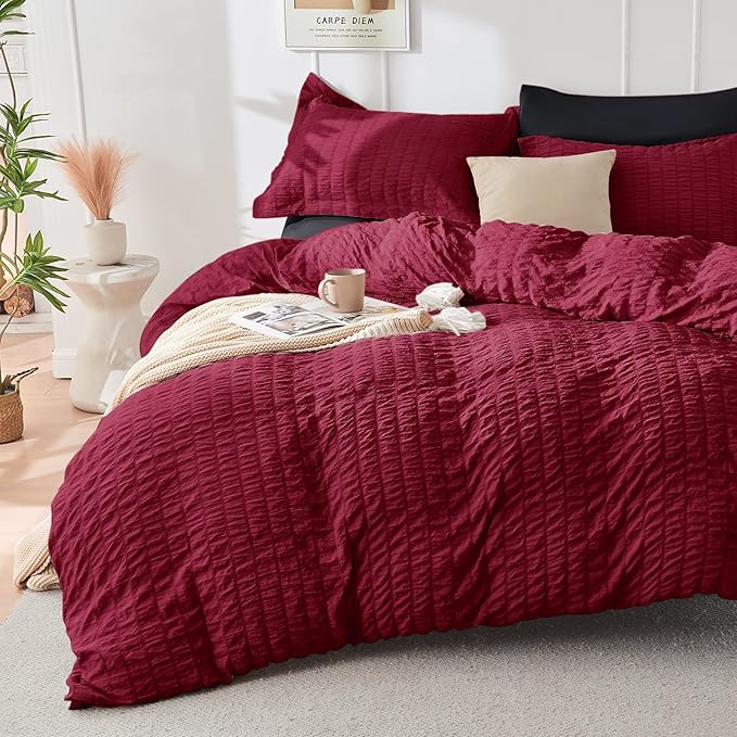 HYMOKEGE Red & Black California King Comforter Set Seersucker 7 Pieces, All Season Luxury Bed in a Bag for Bedroom, Bedding Set with Comforters, Sheets, Pillowcases & Shams