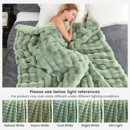 Cozy Bliss Faux Fur Throw Blanket for Bed King Size, Fuzzy Soft Plush Thick Bubble Blanket for Sofa Bedroom Living Room, 108 * 90 Inches Sage Green