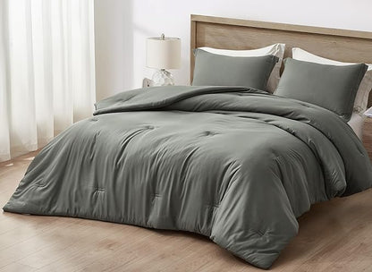 Chezmoi Collection Cliff 3-Piece Lightweight Cooling Comforter Set, Oversized King - Rayon Derived from Bamboo & Polyester Blended, Soft Breathable Bedding for Hot Sleepers, Dark Gray