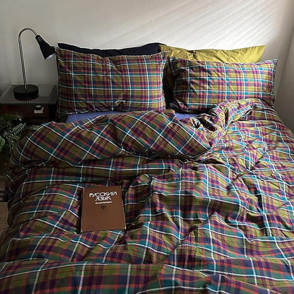 mixinni Vintage Multicolor Gingham Comforter Set Queen Size - 100% Washed Cotton 3-Piece Retro Plaid Pattern Bedding Set (1 Comforter + 2 Pillowcases), All-Season Lightweight & Breathable