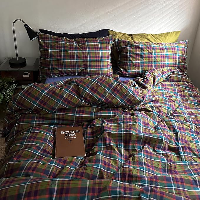 mixinni Vintage Multicolor Gingham Comforter Set Twin XL Size - 100% Washed Cotton 3-Piece Retro Plaid Pattern Bedding Set (1 Comforter + 2 Pillowcases), All-Season Lightweight & Breathable