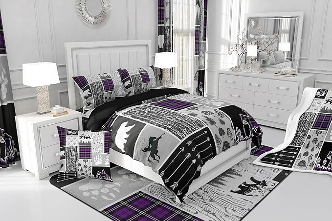 Erosebridal Western Cowboy Comforter Set King,Southwest Rustic Farmhouse Bedding Western Bedroom Decor,Hunting Bear Horse Duvet Insert,Dream Catcher Arrow Wildlife Print Quilt Plaid Decor,Purple