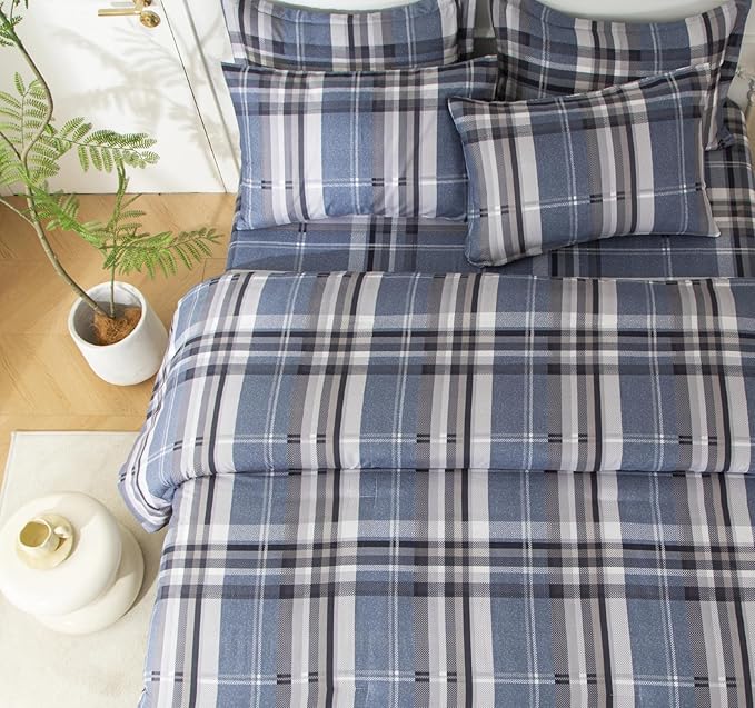 SDY 7PCS Full Gingham Comforter and Sheet Set，Plaid Bedding Set with 1*Comforter,1* Flat Sheet, 1*Fitted Sheet,2*Pillowcases and 2*PillowcaseShams，Navy Blue Microfiber Bedding Sheet Sets