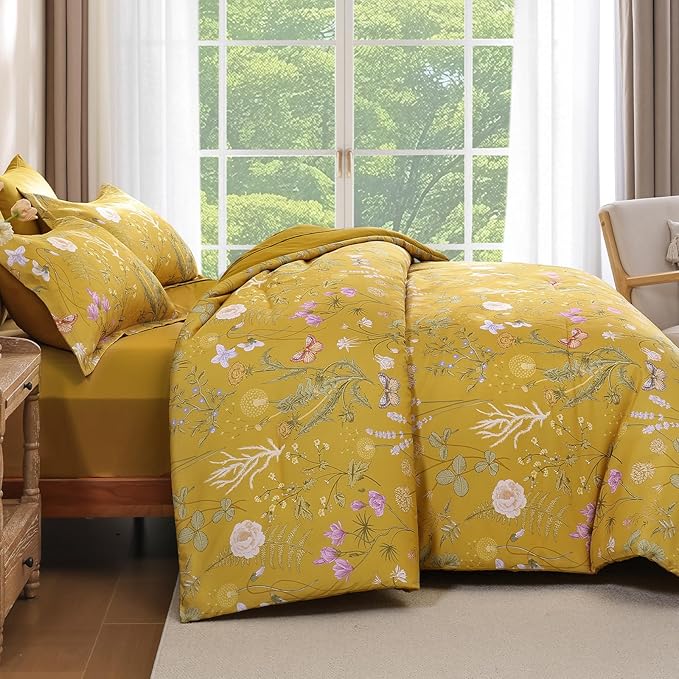 Yiran Queen Comforter Set, 7 Pieces Yellow Floral Soft Bedding Sets, Queen Bed in a Bag with Botanical Flowers All Season Comforter, Sheets, Pillowcases & Shams