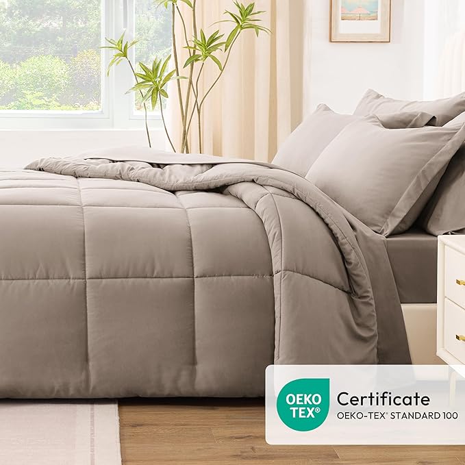 Love's cabin Queen Comforter Set Light Brown, 7 Pieces Queen Bed in a Bag, All Season Bedding Sets with 1 Comforter, 1 Flat Sheet, 1 Fitted Sheet, 2 Pillowcase and 2 Pillow Sham