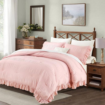 Blush Pink Seersucker Comforter Twin Size with Ruffled Edges, Ultra-Soft Pink Bedding Set 3 Piece Set, Light Weight Down Alternative Set(Blush Pink,Twin), Twin(68/''×90/'') (PPS)