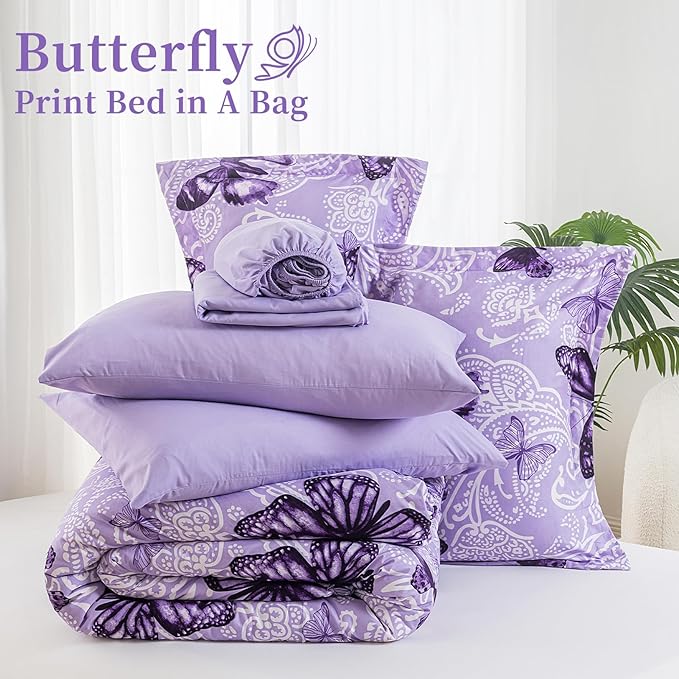 ARTALL Bed in A Bag Twin Size 5 Pieces, Purple Paisley Butterfly Bedding Comforter Set All Season Bed Set with 1 Comforter, 1 Pillow Sham, 1 Flat Sheet, 1 Fitted Sheet, 1 Pillowcase