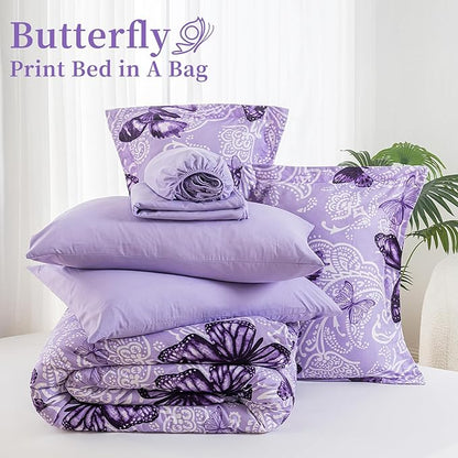 ARTALL Bed in A Bag Twin Size 5 Pieces, Purple Paisley Butterfly Bedding Comforter Set All Season Bed Set with 1 Comforter, 1 Pillow Sham, 1 Flat Sheet, 1 Fitted Sheet, 1 Pillowcase