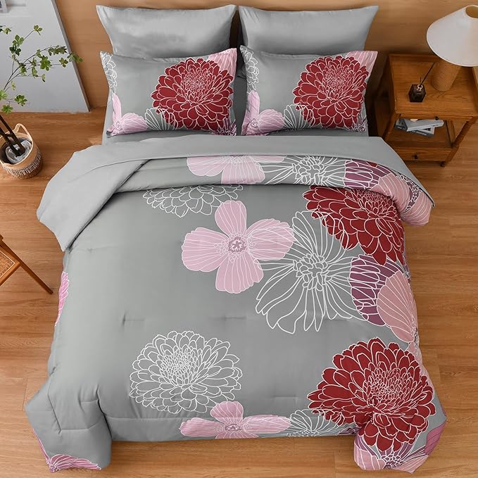 Yiran Burgundy Pink Red Floral Comforter Set Bed in a Bag Flower Comforter Set Soft Microfiber Bedding Set King 104''x90''