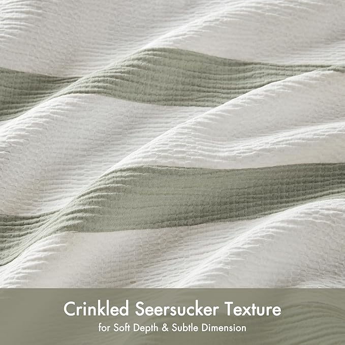 Madison Park Essentials Striped Comforter Set Queen Size, Yarn-Dyed Reversible Comforter with Minimalist Stripes, Crinkled Texture Bedding Set for All-Season Lightweight Warmth, Merritt Sage Green
