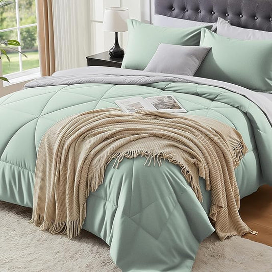 BEDELITE Twin Comforter Set 5 Pieces Bed in A Bag - Soft Microfiber Reversible Sage Green Bed Set with Comforters, Sheets, Pillowcase & Sham, Cozy Luxury Bedding Sets for All Season
