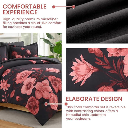 Floral King Size Comforter Set, 7 Piece Black Bed in a Bag, Elegant Flower Pattern Comforter Set with Sheet, Soft Microfiber Complete Bedding Sets for All Season
