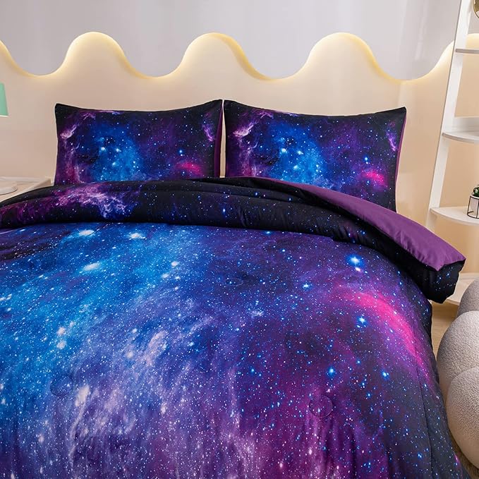 MWMWMW Galaxy Comforter Set Full, Purple Space Bedding Set, Purple Girls Bedding Sets Full with 1 Comforter, 2 Pillow Case