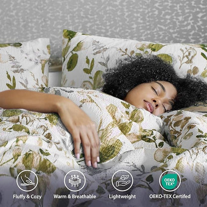 Lightweight Seersucker Botanical King Size Comforter Set, 3 Pieces Reversible Design Bed Comforter, Premium Microfiber Bedding Set, Comforter and Shams Set, Olive Green