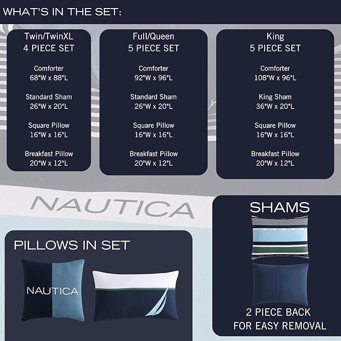 Nautica - King Comforter Set, Soft Woven Bedding with a Lightweight for Year Round Comfort, 5 Piece Bed Set with Matching Pillowcases & Bonus Throw Pillows (Elliot Blue)