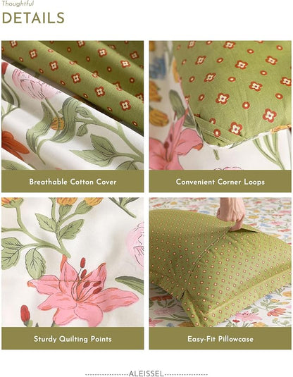 Luxurious Cotton 3pcs Floral Comforter Sets King Size - Blush, Yellow & Blue Spring Garden Floral Prints on White, Warm Olive Green Reverse,Vintage Lightweight Bedding Sets(King 104"×90")