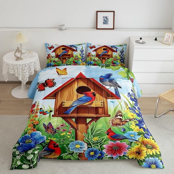 Erosebridal Cardinal Hummingbird Comforter Twin,Spring Garden Style Floral Comforter Set Rustic Butterfly Botanical Flower Bedding Set Country Farmhouse Bed Set Pastoral Nature Home Decor
