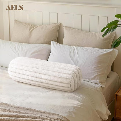 AELS Faux Fur Striped Cylinder Pillows Set of 2, 8" x 24" Decorative Modern Bolster Pillows with Removable Washable Cover & Insert, Body Pillow for Couch Bed, Living Room Bedroom Nursery Decor, White