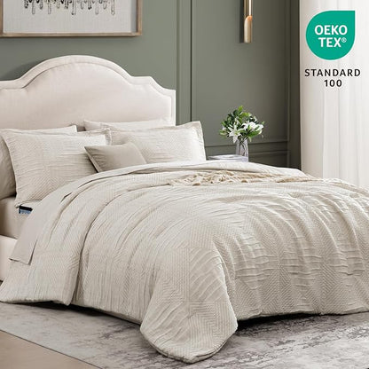MaiRêve Queen Comforter Set Beige, Crinkle Textured Design Boho Bedding Set 7 Pieces Bed in A Bag, All Season Geometric Comforter Set with Sheets, Pillowcases & Shams