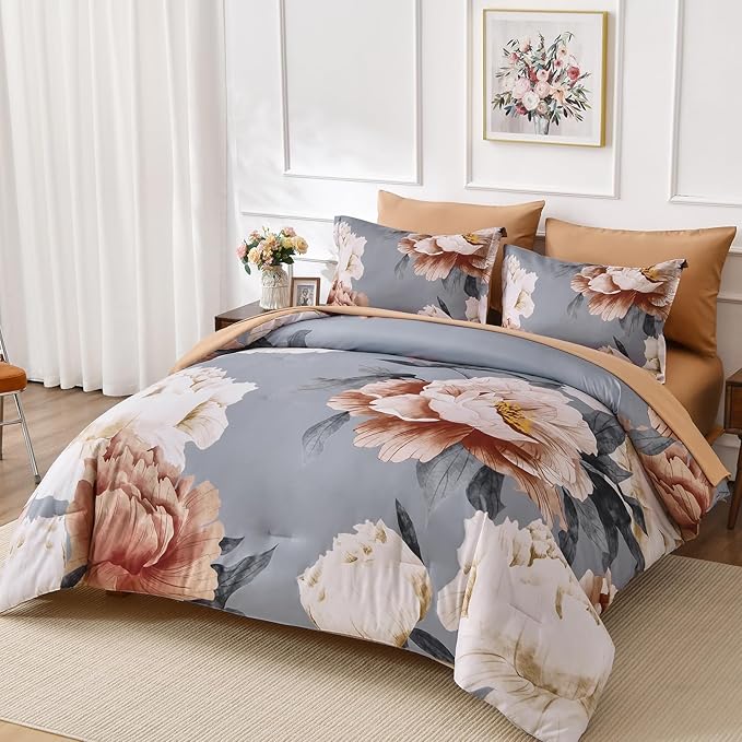 Dobuyly Floral Comforter Set King Size, Brown Flower Printed on Grey Comforter Set with Sheets, 7 Piece Botanical Bed in a Bag, Soft Microfiber Farmhouse Bedding Set for All Season