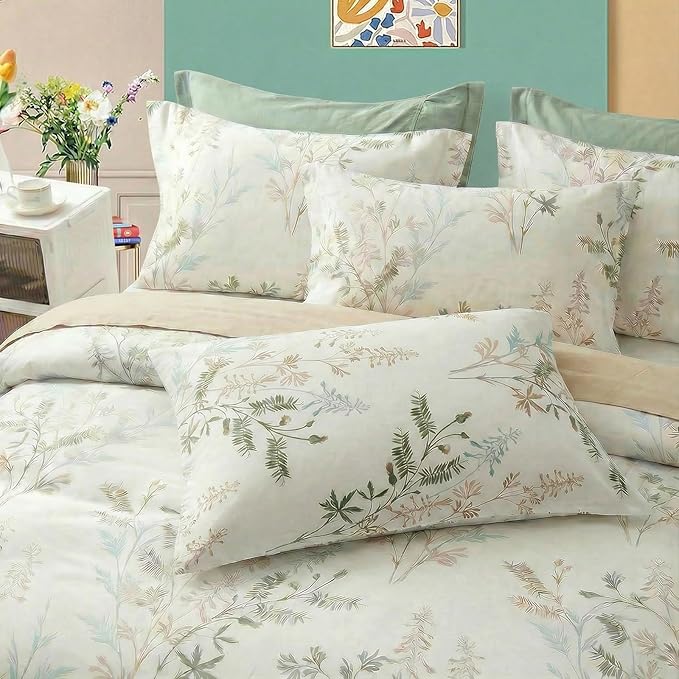100% Cotton Comforter Queen Size – 3 Piece Botanical Printed Bed Comforter Set with Pillowcases, Soft Lightweight All Season Bedding Set, Cottagecore Aesthetic Natural Floral Bedding