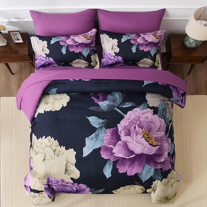 Dobuyly King Size Comforter Set Dark Purple 7 Piece Bed in a Bag, Elegant Floral Comforter Set with Sheets, Soft Microfiber Botanical Flower Bedding Set for All Season