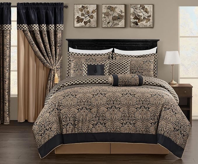 Chezmoi Collection 7-Piece Black/Gold Diamond Floral Medallion Jacquard Woven Comforter Set, Oversized King