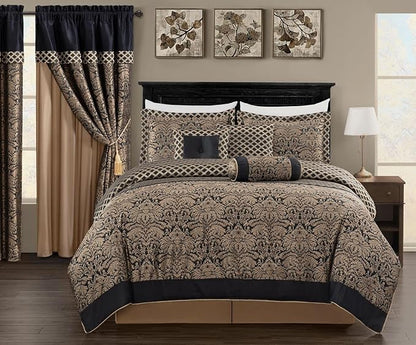 Chezmoi Collection 7-Piece Black/Gold Diamond Floral Medallion Jacquard Woven Comforter Set, Queen