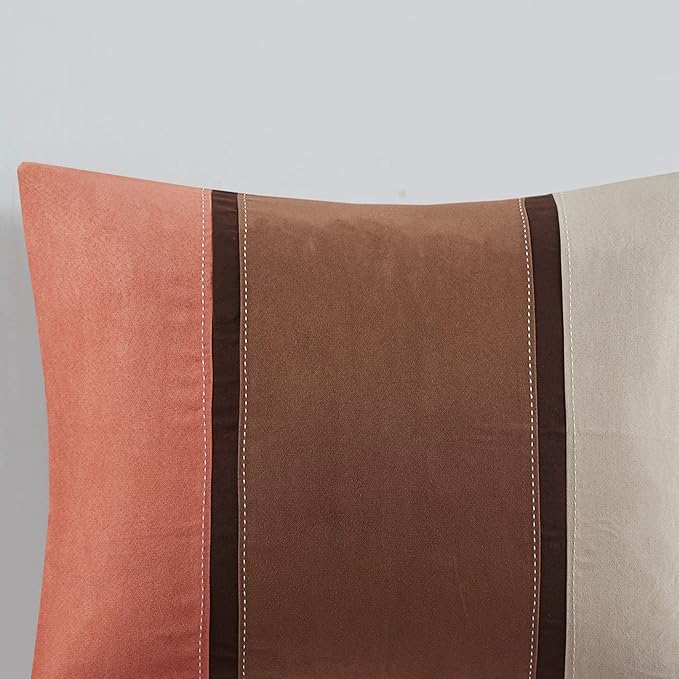 Madison Park Palisades Comforter Set Modern Faux Suede Pieced Stripe Design, All Season Down Alternative Cozy Bedding with Matching Shams, Decorative Pillows, Cal King(104"x92"), Coral 7 Piece