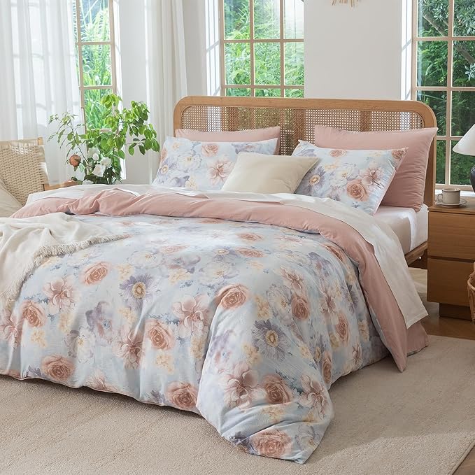 King Comforter Set Floral Soft Cute Floral Bedding Comforter Sets Garden Style Flower Print Botanical Flowers Comforter Set King for All Seasons 1 Comforter and 1 Pillowcases