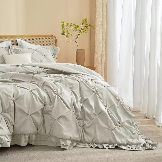 Light Grey Bedding Comforter Sets Full Size 3 Pcs with 1 Comforter and 2 Pillowcases Pinch Pleated Pintuck Ruffles Rustic Shabby Farmhouse Bedding Set All Season Lightweight Bed Sets