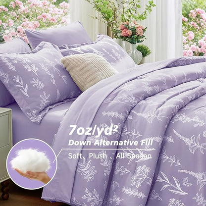 MUXHOMO Lavender Purple Full Comforter Set, Elegant Floral Print Bed in a Bag 7 Pieces, Ultra Soft & Breathable Reversible Botanical Pattern Bedding Set with Comforter, Sheets, Pillowcases, and Shams