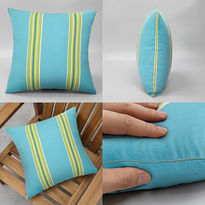 JMGBird Outdoor Pillows Set of 2 with Inserts - 18x18 Weather-Resistant Throw Pillows for Patio Furniture, Sky Blue Multi-Striped Decorative Cushions