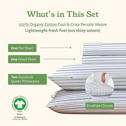 California Design Den Stripe Sheets Queen Size Set - 100% Organic Cotton, Soft and Crisp Percale, Durable Deep Pocket Queen Sheets & Pillowcase Set - Blue Stripe