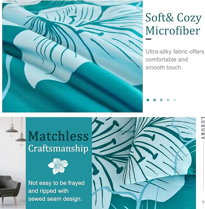 Menghomeus California King Comforter Set Gradient Teal Bedding Floral Comforter Sets Soft Microfiber Bed Comforter Set for All Season,3 Piece Botanical Flowers Comforter,Pillowcases