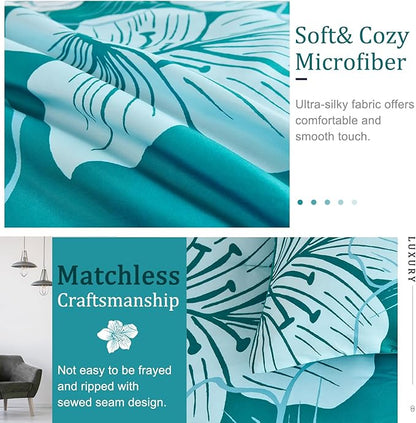 Menghomeus King Comforter Set Gradient Teal Bedding Floral Comforter Sets - Soft Microfiber Bed Comforter Set for All Season, 3 Piece Botanical Flowers Comforter, Pillowcases