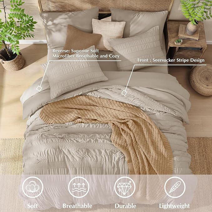 CASAAGUSTO King Size Comforter Set, 7 Pieces Oatmeal Seersucker Bed in a Bag King Soft All Seasons, King Bedding Sets with Comforter, Flat Sheet, Fitted Sheet, 2 Pillow Shams, 2 Pillowcases
