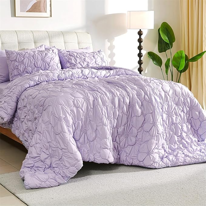 Cmfshape Lavender Pinch Pleat Comforter Set King Size-7 Pieces Bedding Comforter Bed in A Bag-Lightweight Microfiber Bedding Set with Comforter,Fitted Sheet,Flat Sheet and Pillow Shams-104 x90