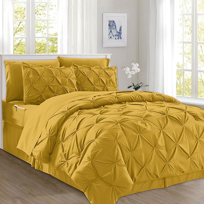 Elegant Comfort 8-Piece Pinch Pleated Comforter Set - All Season Complete Bed in a Bag, Includes 4pc Smart Sheet Set, Bed Skirt, Comforter, Matching Pillowcases and Shams, Full/Queen, Mustard Yellow