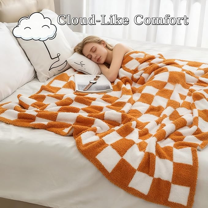 MorroMorn Checkered Blanket for Couch Bed, Orange Throw Blanket 2-Layers Soft Cozy Fleece Plaid Blankets Checkerboard Grid - Fluffy Fuzzy Plush Warm Fall Decor Mothers Birthday Gifts, 60x80 inches