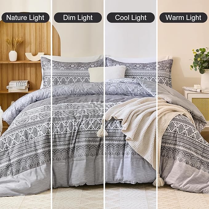 Goodidea Boho Comforter Set King Size 3 Piece Grey Bohemian Striped Comforter Soft Lightweight Microfiber Bedding Set with 2 Pillow Shams for All Season (King, 104"X90")