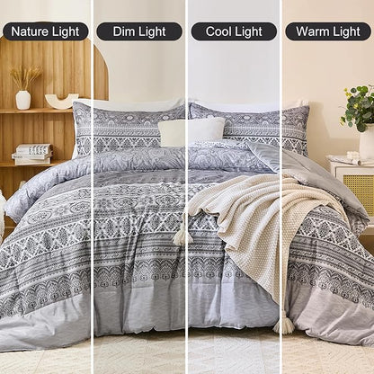 Goodidea Boho Comforter Set Queen Size 3 Piece Grey Bohemian Striped Comforter Soft Lightweight Microfiber Bedding Set with 2 Pillow Shams for All Season (Queen, 90"X90")
