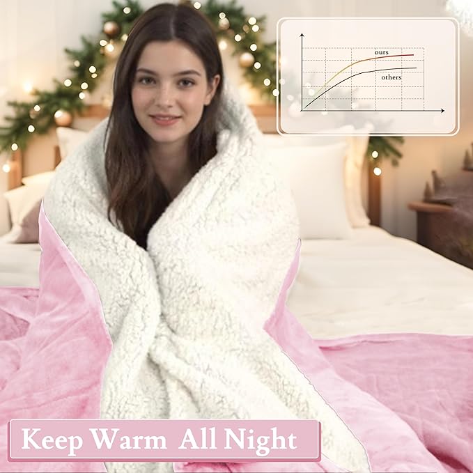 Electric Heated Blanket 72"x84" Full Size Flannel & Sherpa - 4 Heat Settings & 10H Auto Shut Off for Safe Overnight Use, Fast Heating, Machine Washable for Bed, Couch, Office - Pink