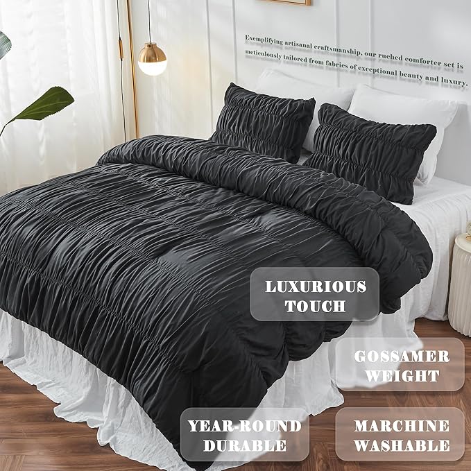 Oversized King Size Comforter Set Bedding - Ruched Black Comforter King Bed Set Boho Shabby Chic Bedding for Bedroom Comforter Fluffy 3 Piece Ruffle Comforter Set with Pillow Bedding Soft and Luxury