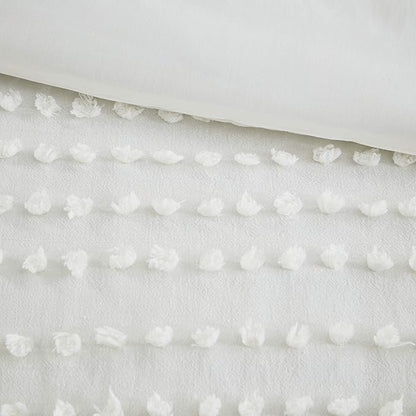 Comfort Spaces Cotton Comforter Set Jacquard Pom-Pom Tufts Design, Down Alternative, All Season Modern Bedding, Matching Shams, Full/Queen, Phillips, Ivory