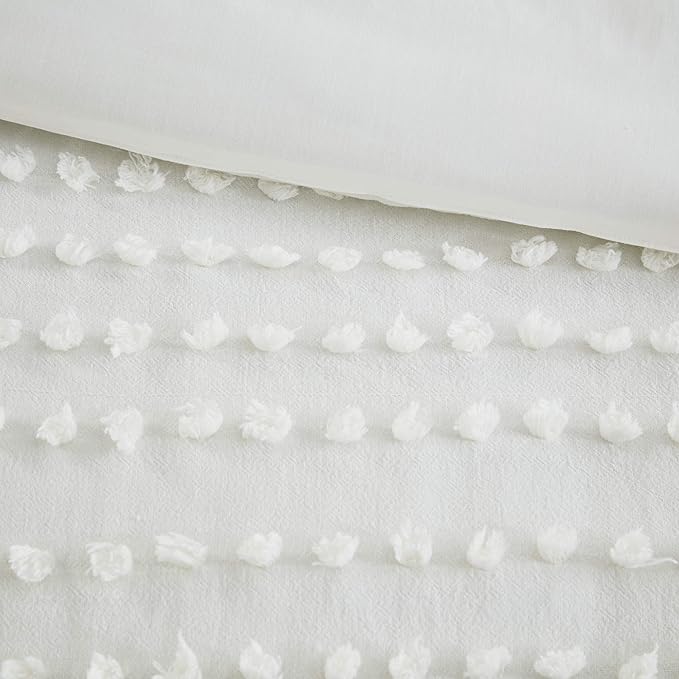 Comfort Spaces Cotton Comforter Set Jacquard Pom-Pom Tufts Design, Down Alternative, All Season Modern Bedding, Matching Shams, Twin/Twin XL, Phillips, Ivory